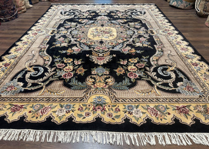 Aubusson Rug 9x12 Black And Beige Floral Elegant Handmade Carpet