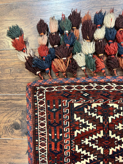 Antique Turkoman Camel Trapping Rug Hand Knotted Asmalyk Red Black Ivory