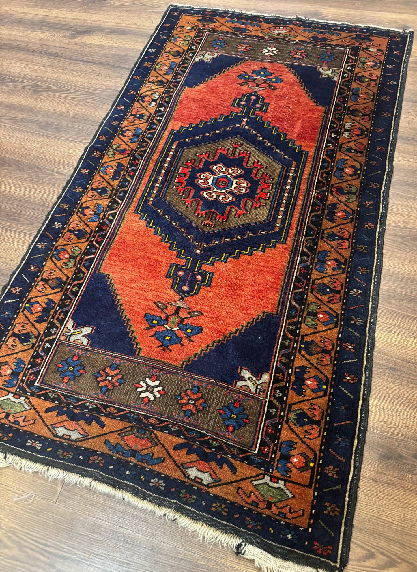 Persian Nahavand Rug 3x6 Geometric Medallion Village Tribal Design In Terracotta And Navy