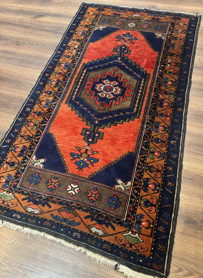 Persian Nahavand Rug 3x6 Geometric Medallion Village Tribal Design In Terracotta And Navy