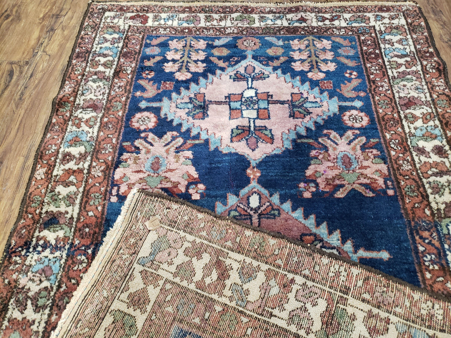 Blue Vintage Persian Hamadan Rug Hand Knotted Wool 4x6 Ft 1950s
