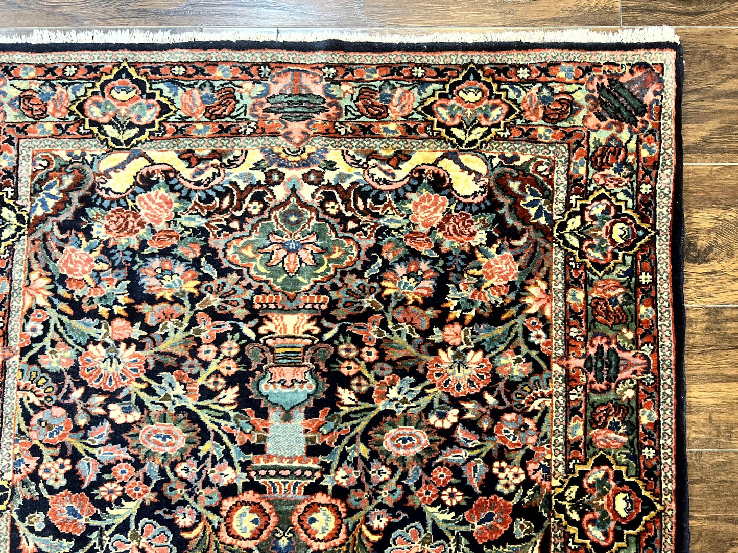 Persian Saoruk Rug 4x5 Navy Blue Red Floral Antique Wool Carpet Handmade