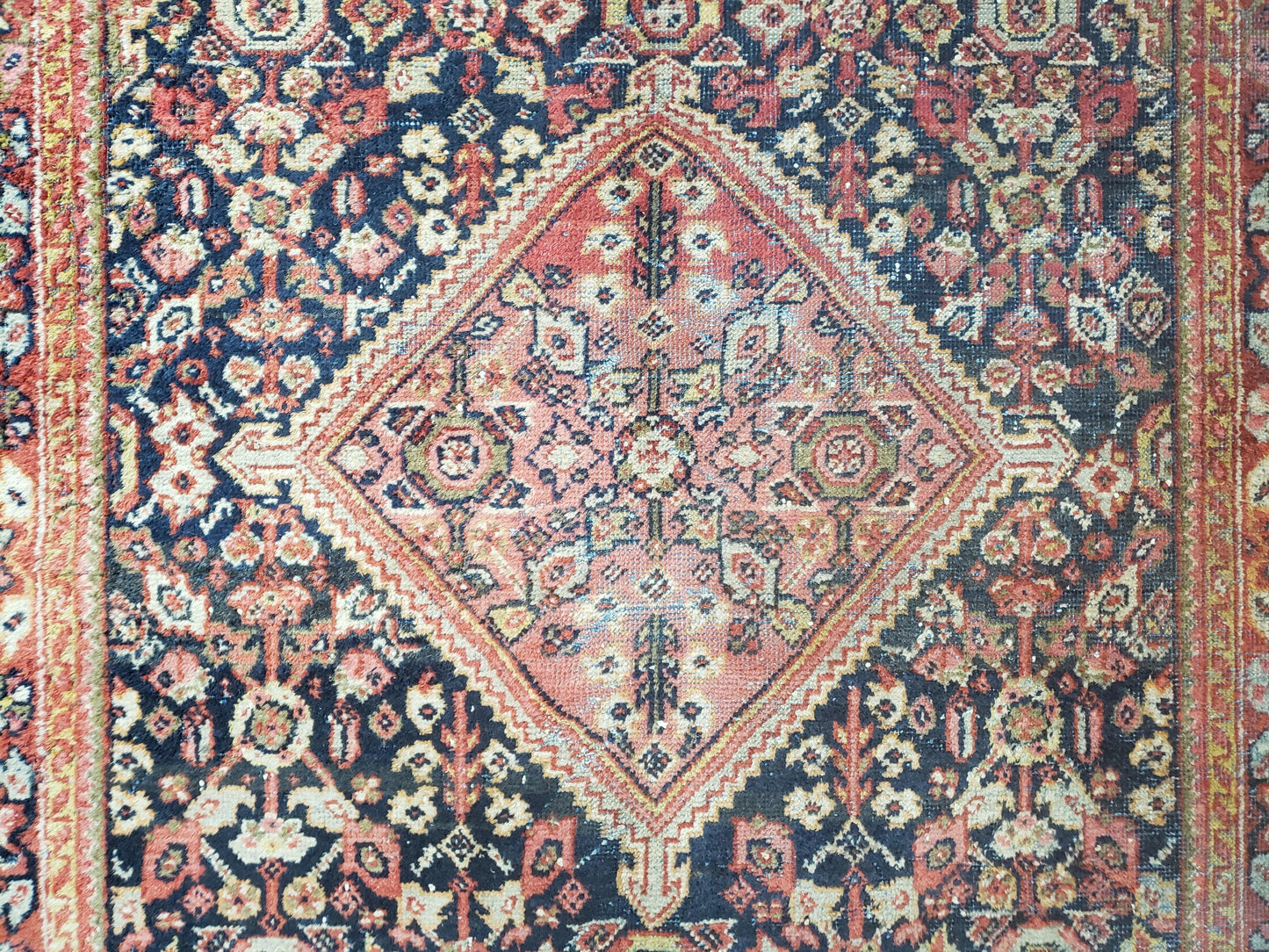 Antique Persian Mahal Area Rug 4.4 x 6.6, Wool Hand-Knotted Shabby Chic Oriental Rug, Red Black 1930s Foyer Room Carpet, Low Pile Boho Rug