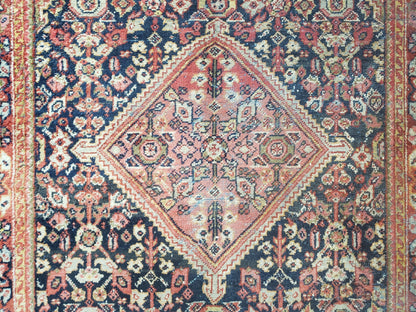 Antique Persian Mahal Area Rug 4.4 x 6.6, Wool Hand-Knotted Shabby Chic Oriental Rug, Red Black 1930s Foyer Room Carpet, Low Pile Boho Rug