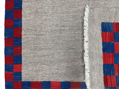 Geometric Kilim Rug Handmade Wool Hand Knotted Gray Blue Red Checkerboard