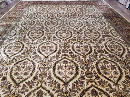 Vintage Indo Persian Area Rug 9x12, Wool Hand-Knotted Ivory & Dark Red Oriental Carpet, Fine Weave 9 x 12 Indian Rug, Dining Room Rug