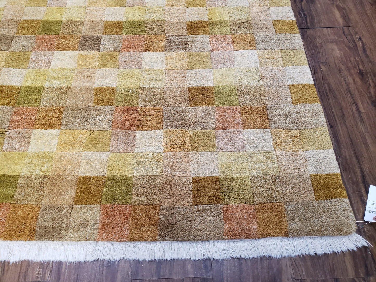 Tibetan Rug 4x6 Modern Abstract Handmade Area Rug With Checkerboard Pattern Ivory Gold Tan