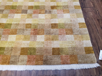 Tibetan Rug 4x6 Modern Abstract Handmade Area Rug With Checkerboard Pattern Ivory Gold Tan
