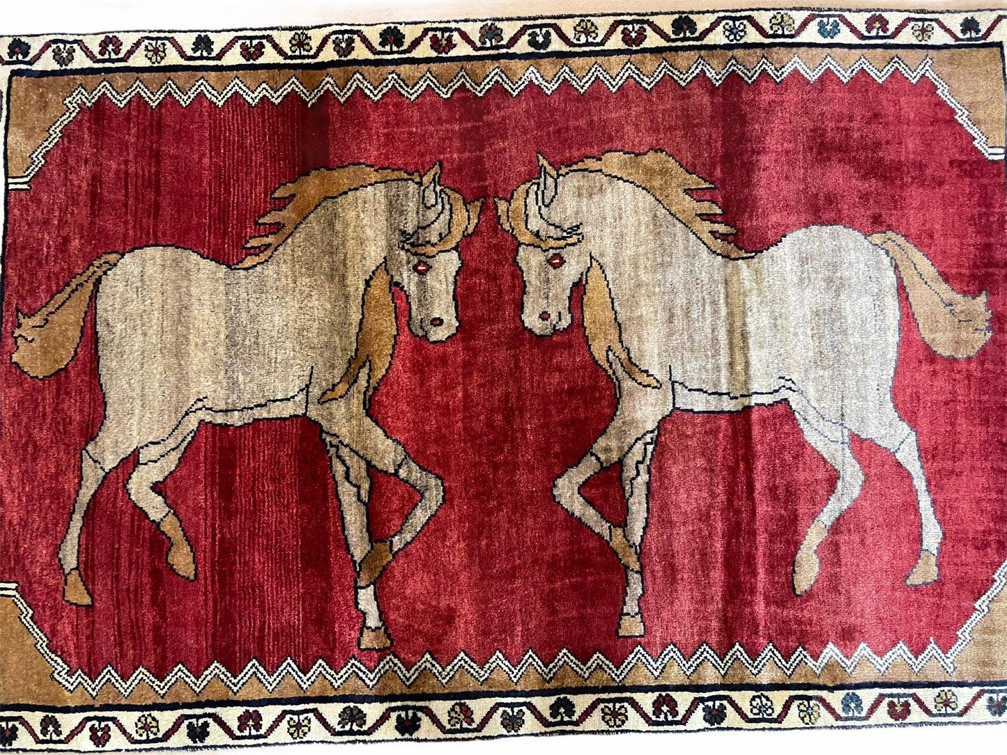 Handmade Hand Knotted Wool Rug 4x6 Vintage Horses Tribal Red Organic Dyes