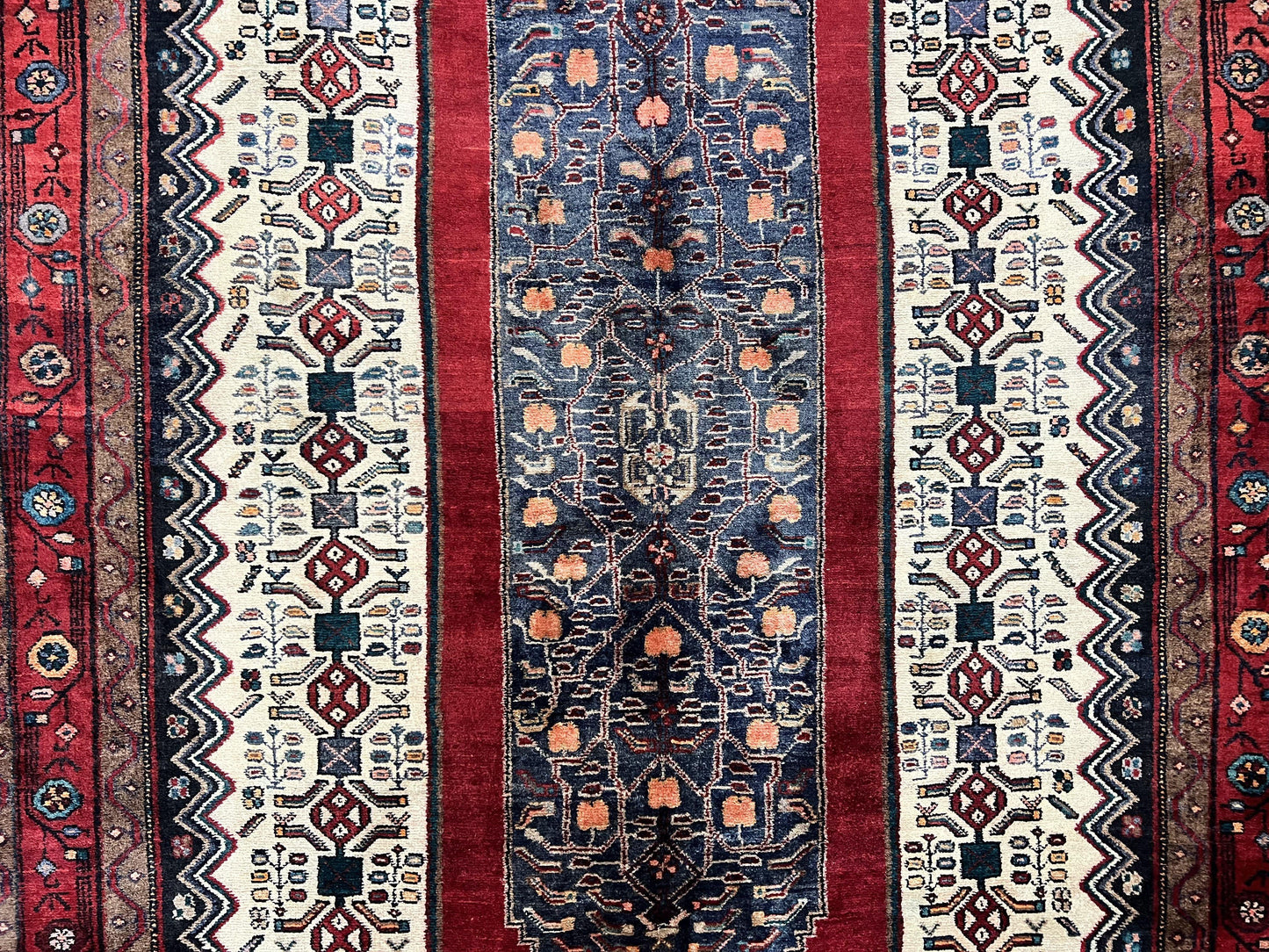 Persian Rug Hand Knotted 5x12 Ft Red Cream Navy Bidjar Geometric Runner