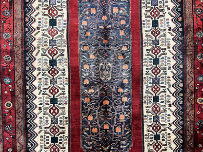 Persian Rug Hand Knotted 5x12 Ft Red Cream Navy Bidjar Geometric Runner