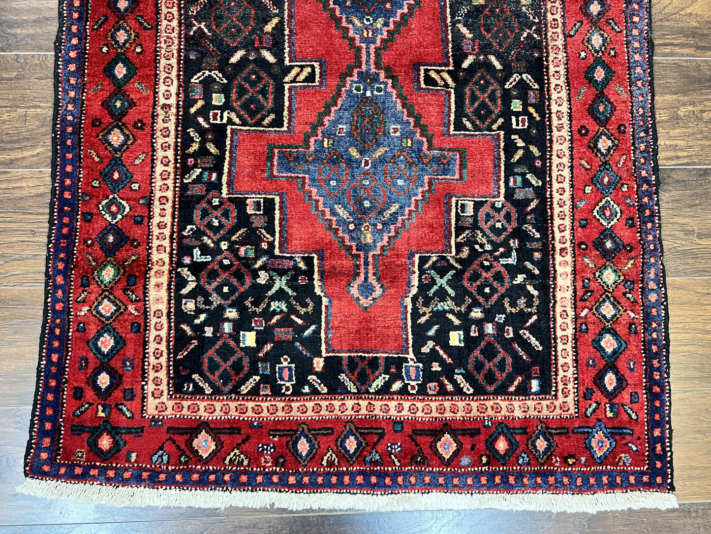 Senneh Runner Rug Persian Kurdish Handmade Wool 3x9 9ft Medallion Red Navy Blue Hallway Kitchen