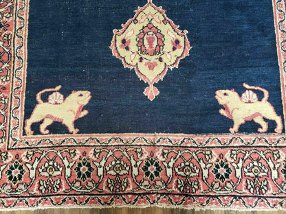 Turkish Ghiordes Wool Rug Antique 4x6 Handmade Lions Pattern With Vegetable Dyes