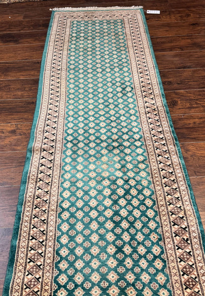 Long Pakistani Runner Rug 2.8 x 20, Hand Knotted Vintage Wool Hallway Rug, Turkoman Rug, Teal and Tan, Handmade Vintage Wool Runner