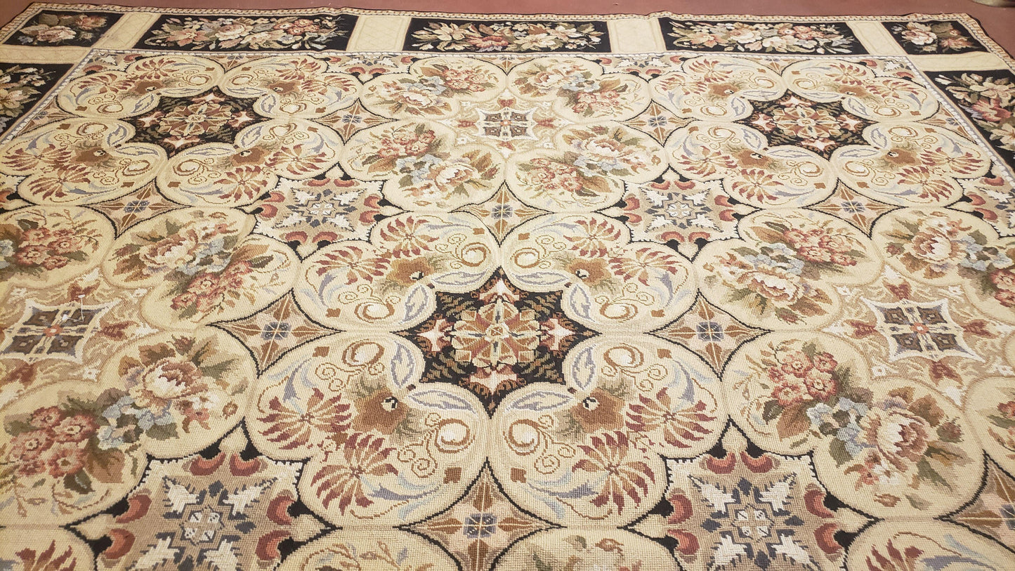 Needlepoint Rug 8x10ft Hand Knotted Wool Aubusson Flower Design Area Rug