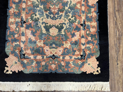 Art Deco Rug Chinese Handmade Wool 3x5 Vintage Floral Black Beige Carpet