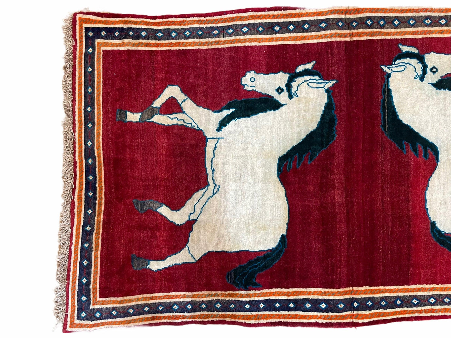 Handmade Hand-Knotted Wool Rug With Horses Motif Vintage White And Red 3.5 x 6