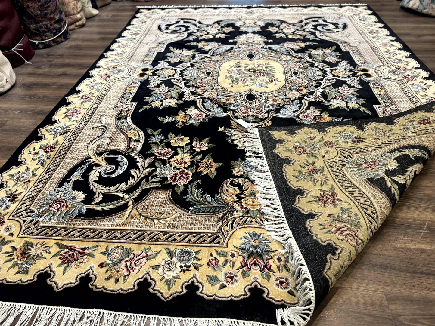 Aubusson Rug 9x12 Black And Beige Floral Elegant Handmade Carpet