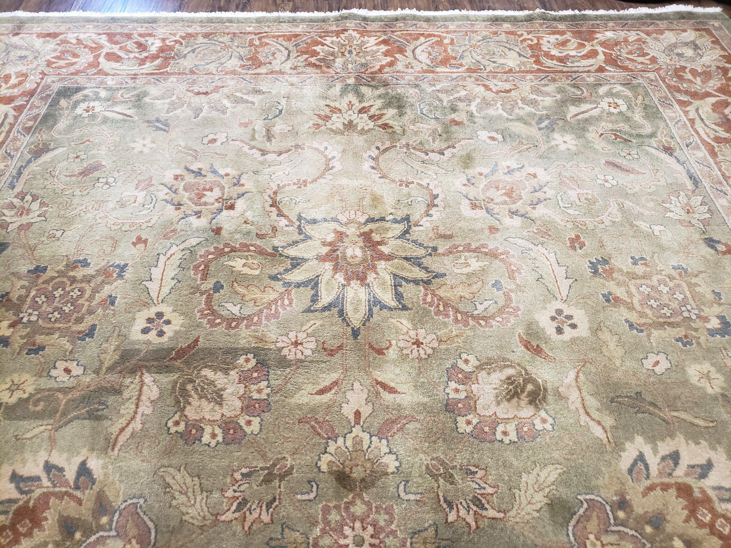 Vintage Indo Mahal Area Rug 9x12, Wool Hand-Knotted Laurel Green & Auburn Indian Carpet, 9 x 12 Floral Carpet, Living Room Rug
