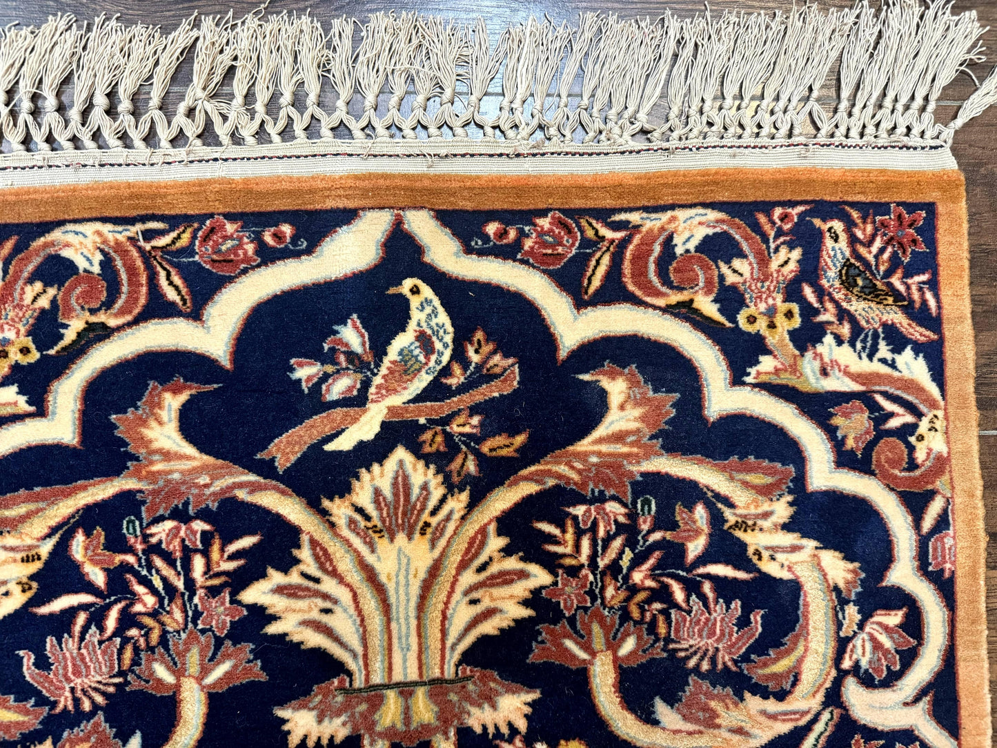 Persian Isfahan Rug 2x4, Birds, Navy Blue, Kork Wool on Silk Foundation, 460 KPSI