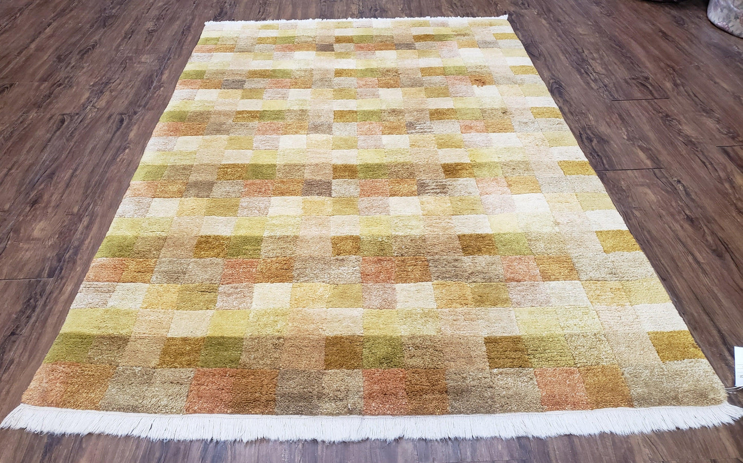 Tibetan Rug 4x6 Modern Abstract Handmade Area Rug With Checkerboard Pattern Ivory Gold Tan