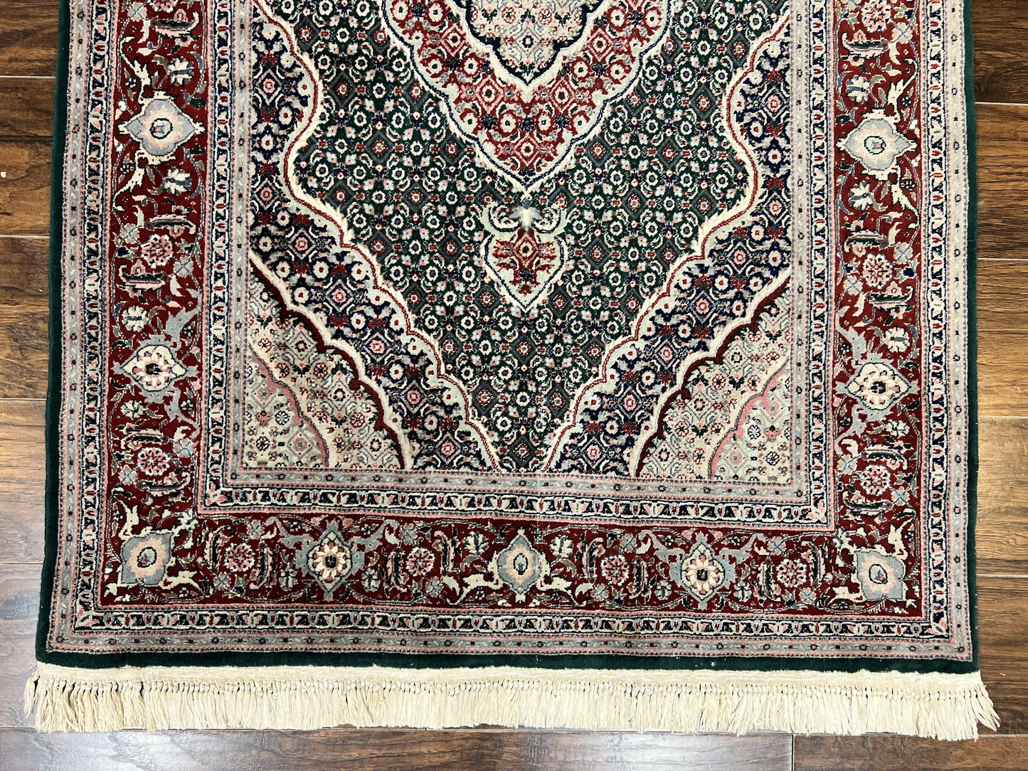 Sino Persian Rug 4x6 Hand Knotted Wool Silk Highlights Herati Medallion Vintage Carpet Green Maroon