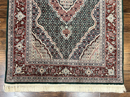 Sino Persian Rug 4x6 Hand Knotted Wool Silk Highlights Herati Medallion Vintage Carpet Green Maroon