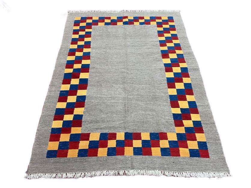 Handmade Kilim Rug Wool Geometric Checkerboard Area Rug 5 Foot 9 Inch By 7 Foot 9 Inch