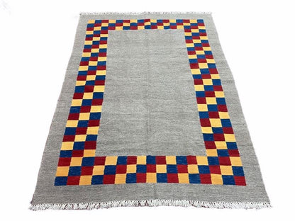 Handmade Kilim Rug Wool Geometric Checkerboard Area Rug 5 Foot 9 Inch By 7 Foot 9 Inch