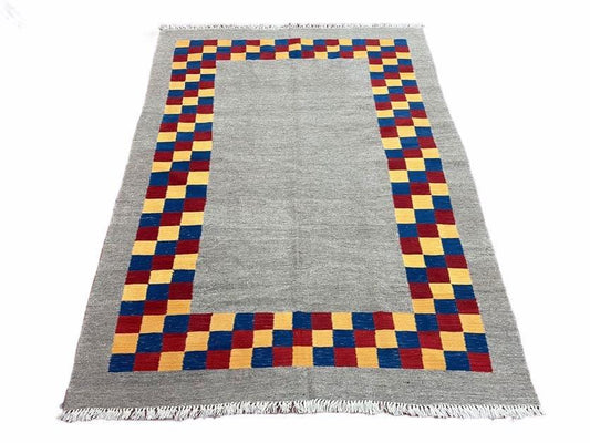 Handmade Kilim Rug Wool Geometric Checkerboard Area Rug 5 Foot 9 Inch By 7 Foot 9 Inch