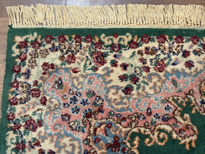 Persian Kerman Rug 4x6 Vintage Wool Green Ivory Pink Medallion Semi Open Field