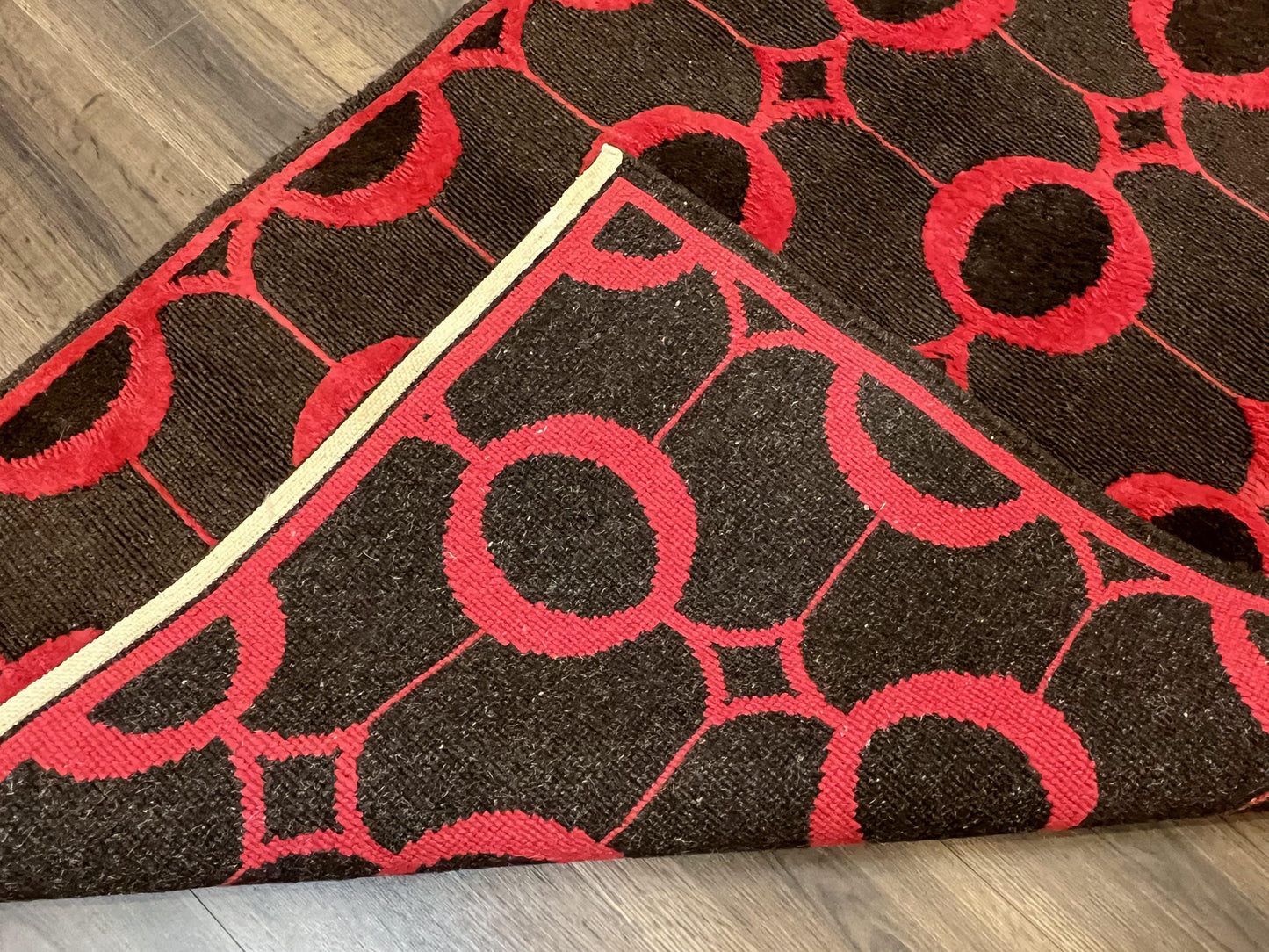 Modern Tibetan Rug 3.8 x 5.7, Raspberry Red and Dark Brown, Abstract Circle Design, Hand Knotted, Soft Wool Handmade Tibet Nepali Carpet 4x6