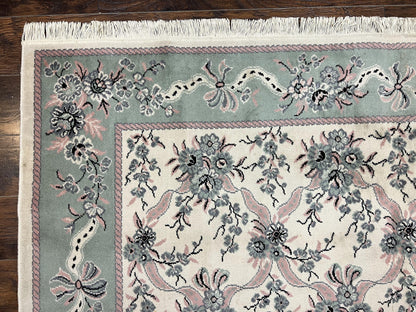 Power Loomed Wool Rug 8x11 Ivory Green Floral Belgium Crafted