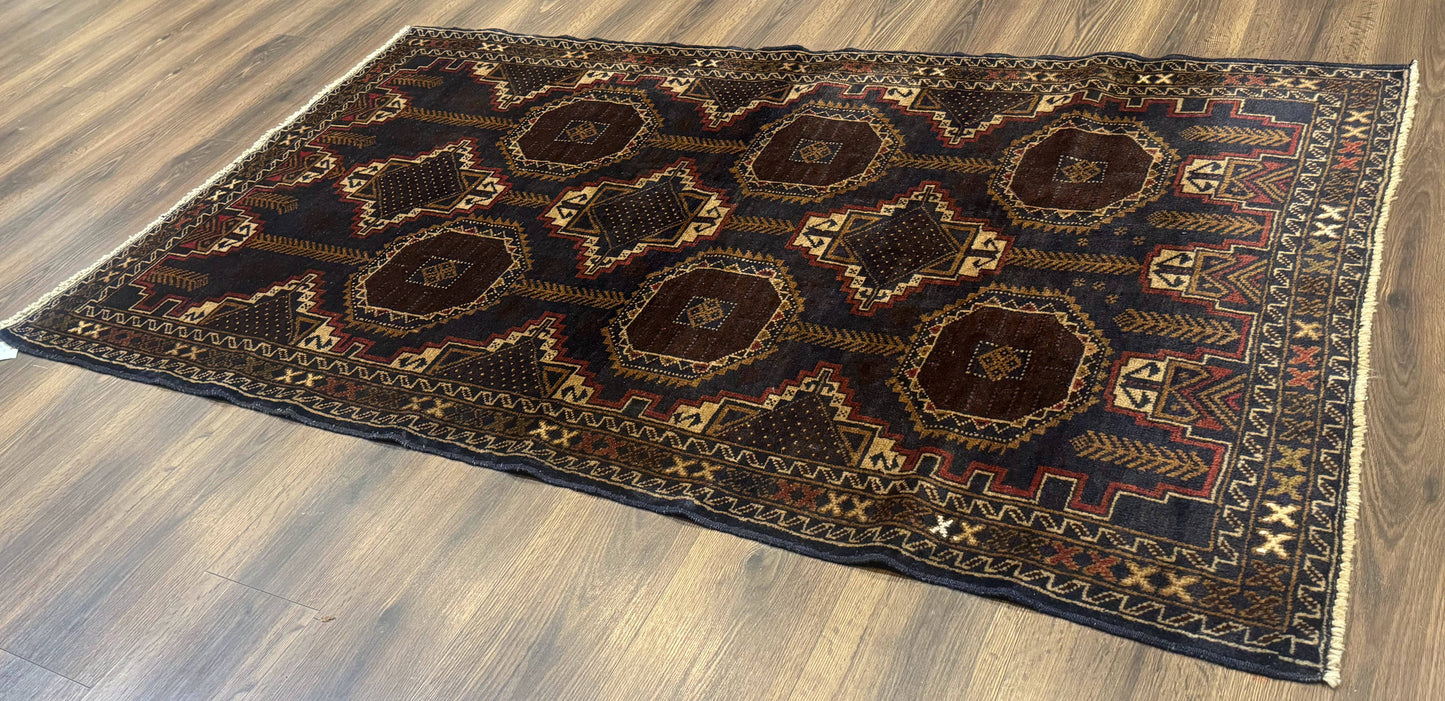 Afghan Balouch Rug Navy Blue 4x6 Handwoven Handmade Contemporary Wool Accent