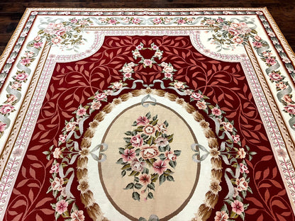 Aubusson Rug Handmade Vintage Needlepoint Carpet 9x12 Red Ivory Wool Elegant European Design