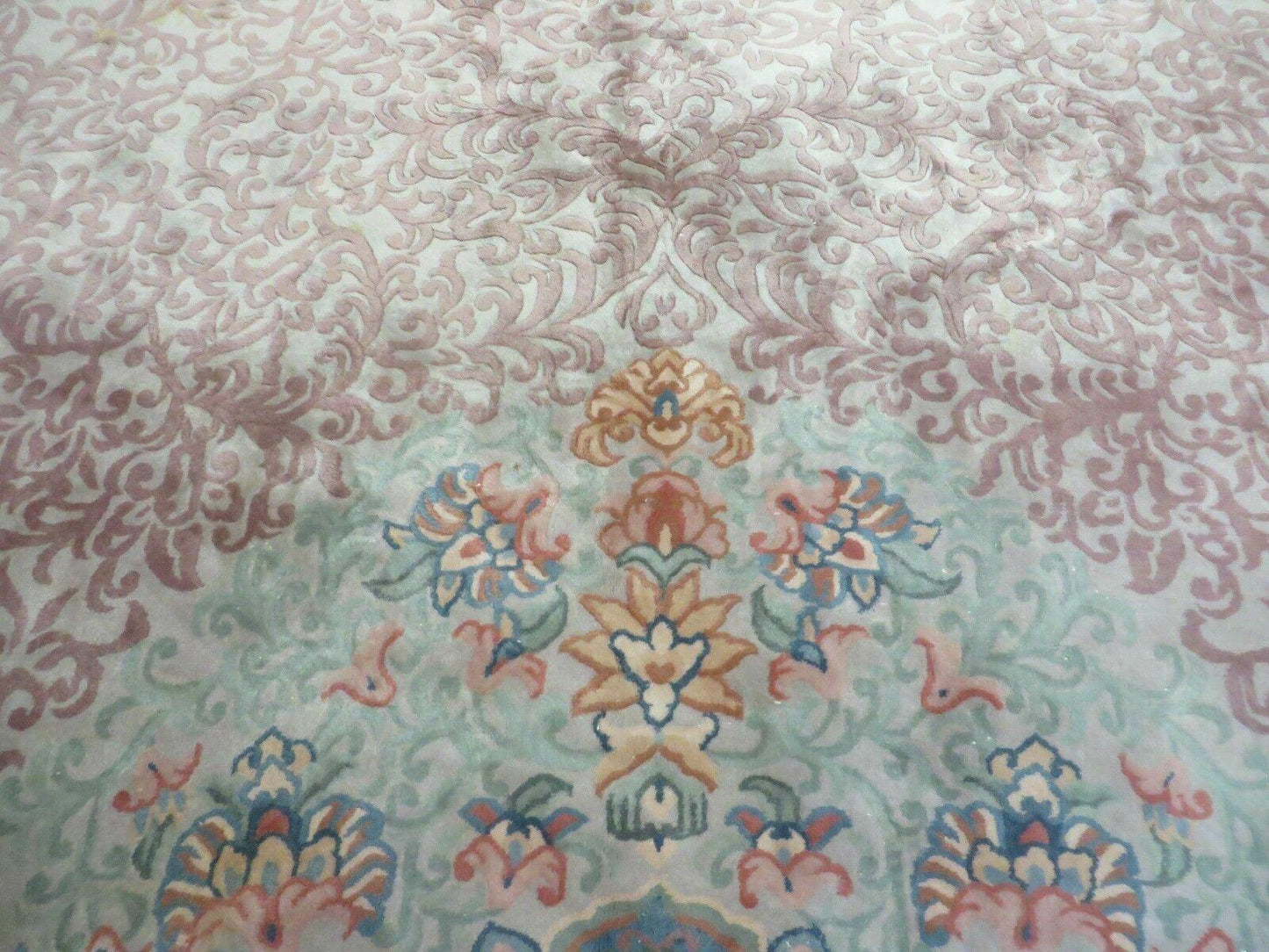 Vintage Handmade Chinese Wool Rug Floral Design 9 by 12 Feet