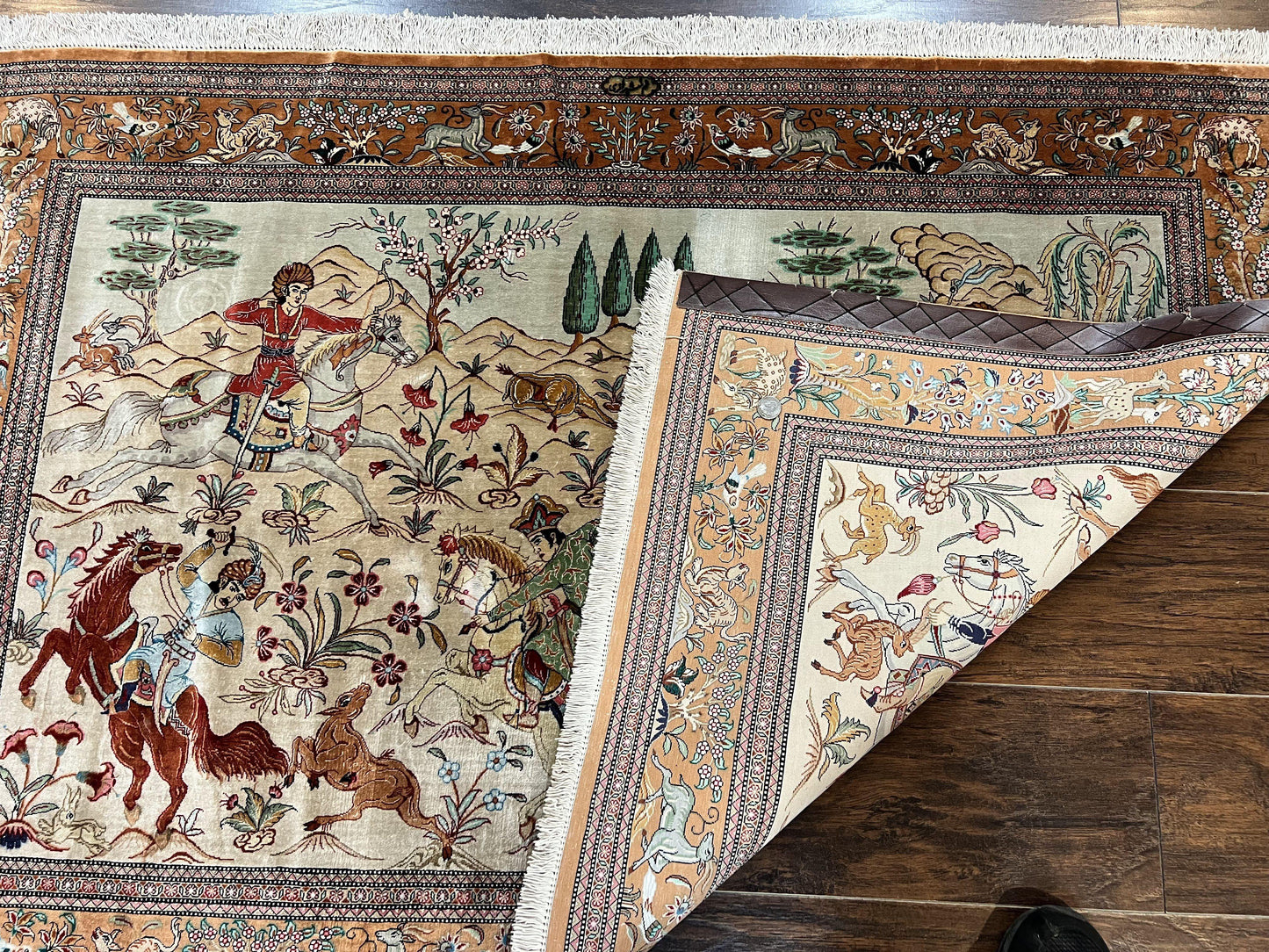 Silk Persian Qum Rug 3x5 Hunting Pattern Handmade Vintage Carpet Signed By Master Weaver