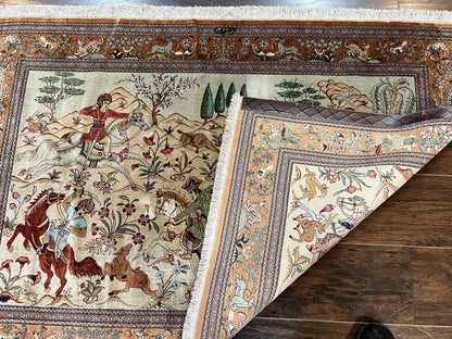 Silk Persian Qum Rug 3x5 Hunting Pattern Handmade Vintage Carpet Signed By Master Weaver