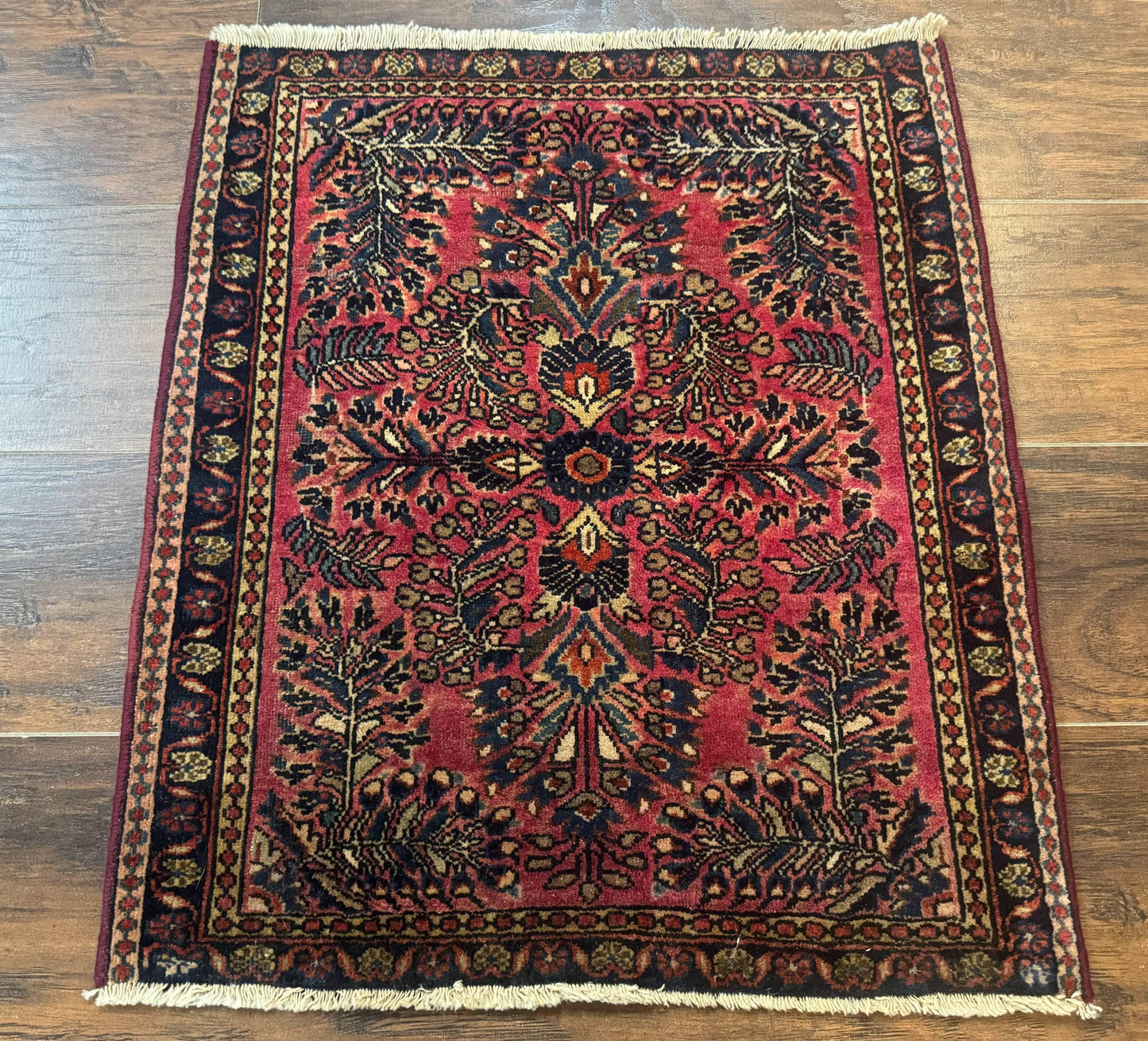 Antique Persian Sarouk Rug 2x2 Ft Wool Red
