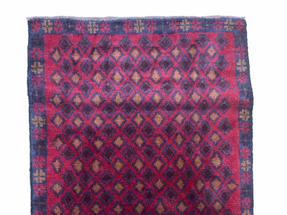 Vintage Handmade Balouch Afghan Wool Rug 3x5 Hand Knotted Red Blue Diamond