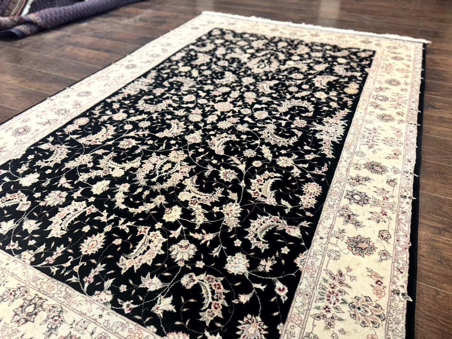 Sino Persian Rug 6x9, Black and Ivory, Wool and Silk Highlights, Handmade
