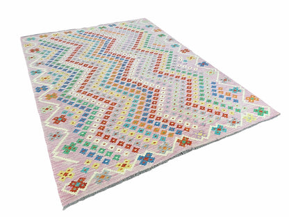 Kilim Rug 6x8 Pink Turkish Handwoven Flat Weave Chobi Multicolor