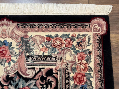 Aubusson Rug 4x6 Hand Knotted Wool Elegant European Floral Design Black Ivory Area Rug