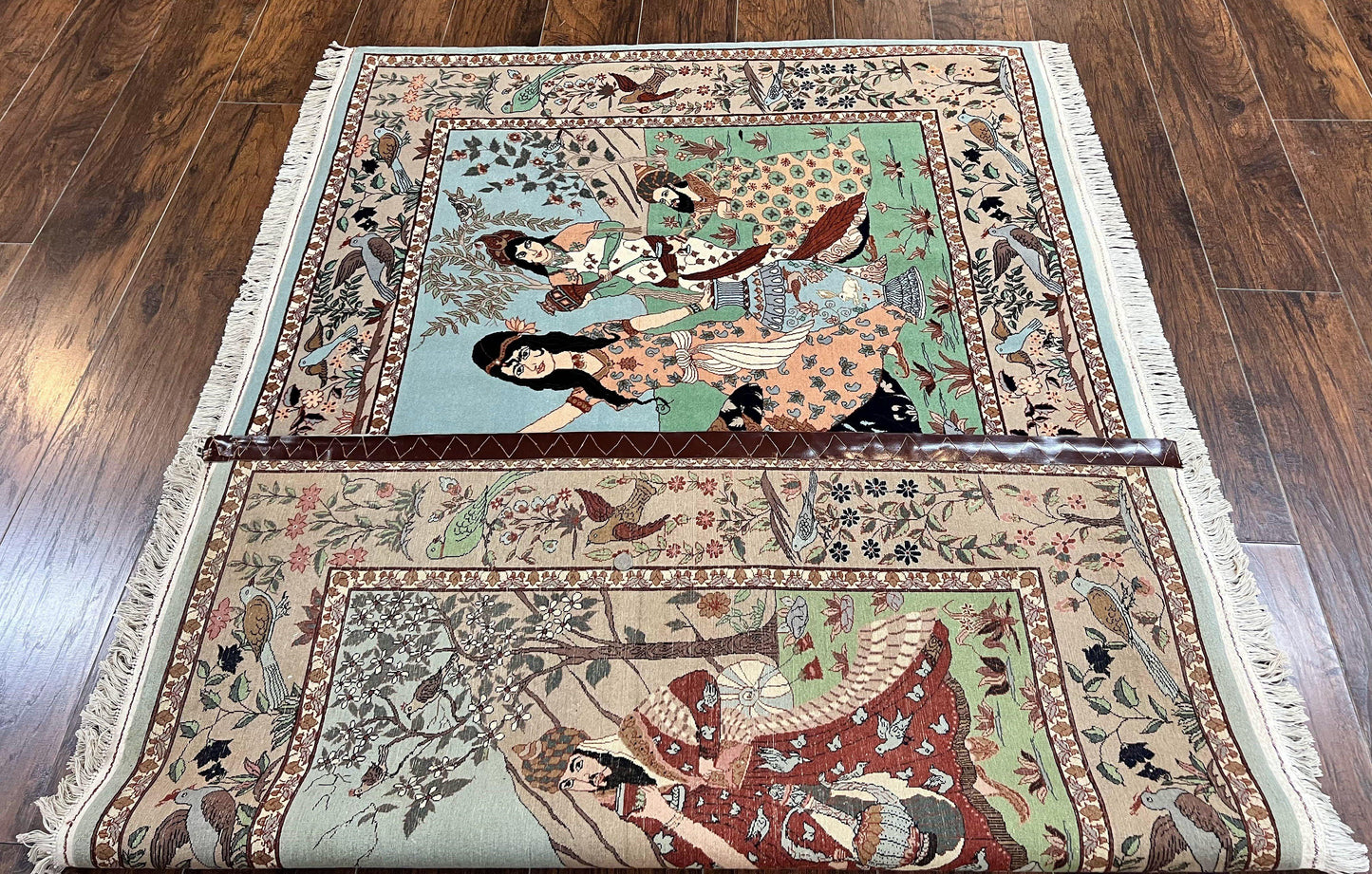 Indo Persian Pictorial Rug 4x7 Hand Knotted Wool Semi Antique Handmade Bird Pictorial Rug