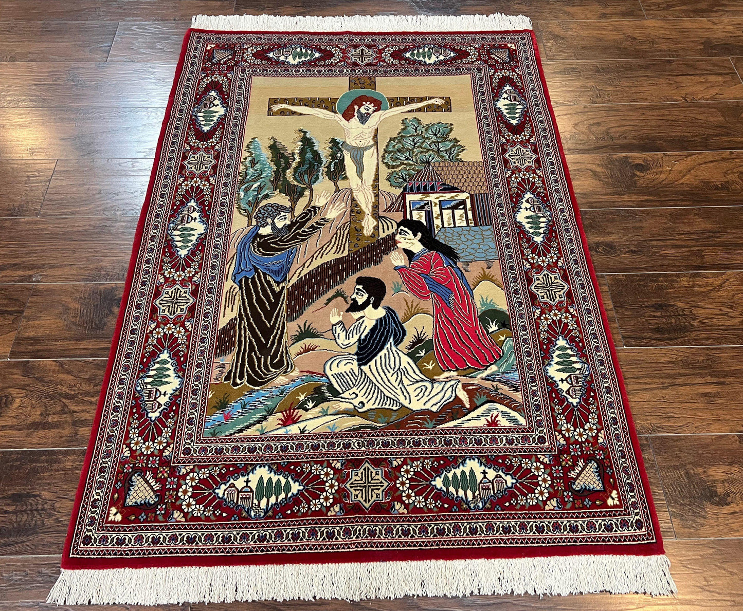 Persian Kashan Pictorial Rug 3x5 - Jesus on Cross