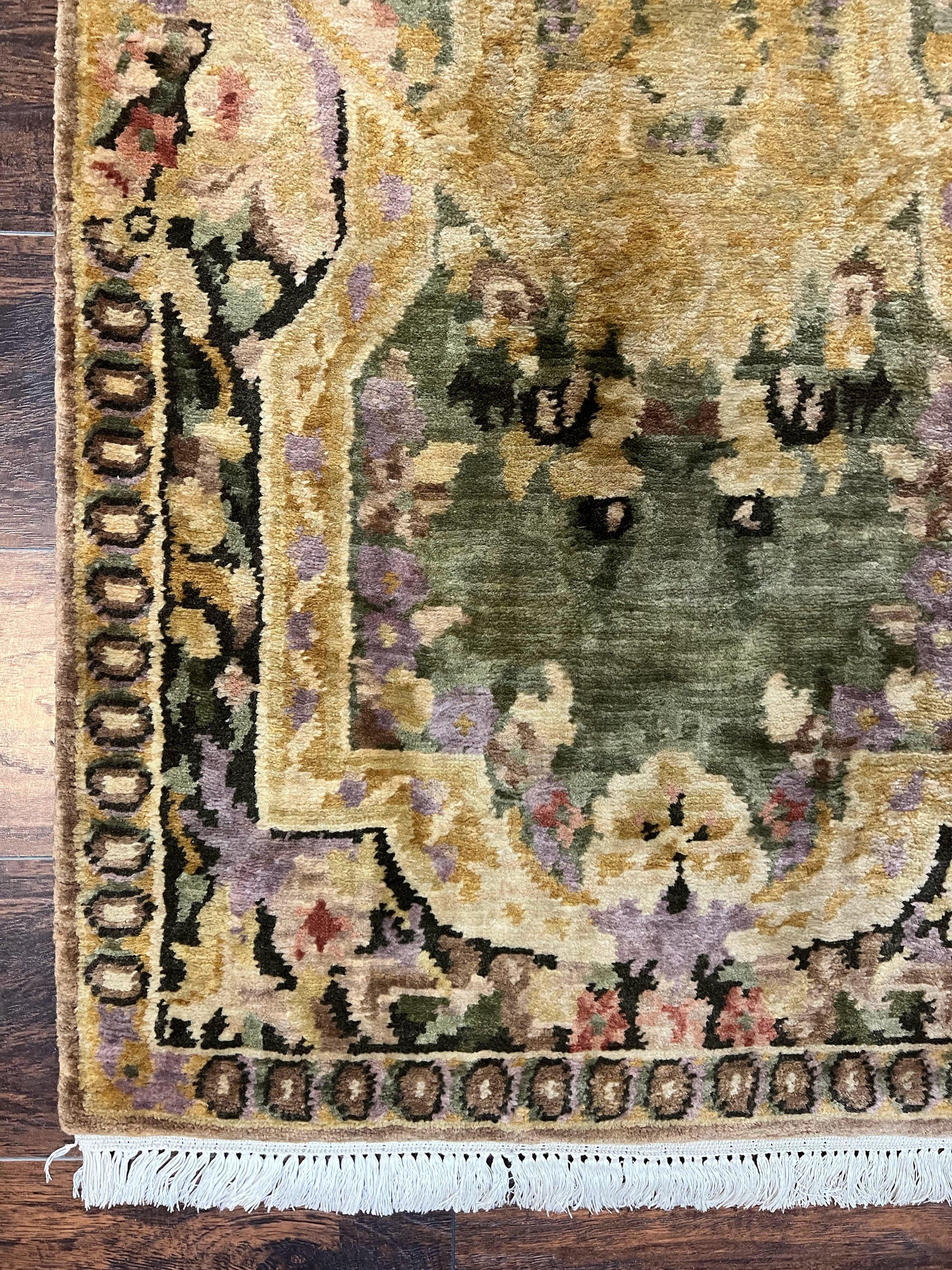 Tibetan Runner Rug 2.6 x 10, French Aubusson Pattern, Gold Olive Green, Vintage Handmade European Design, Wool Hallway Rug