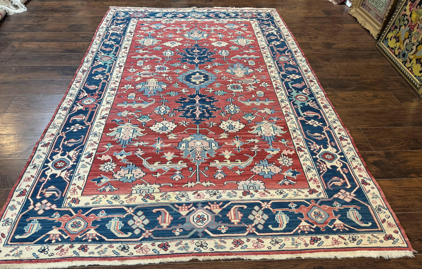 Turkish Flatweave Rug Heriz Design 6x9 Vintage Handknotted Wool Red Blue