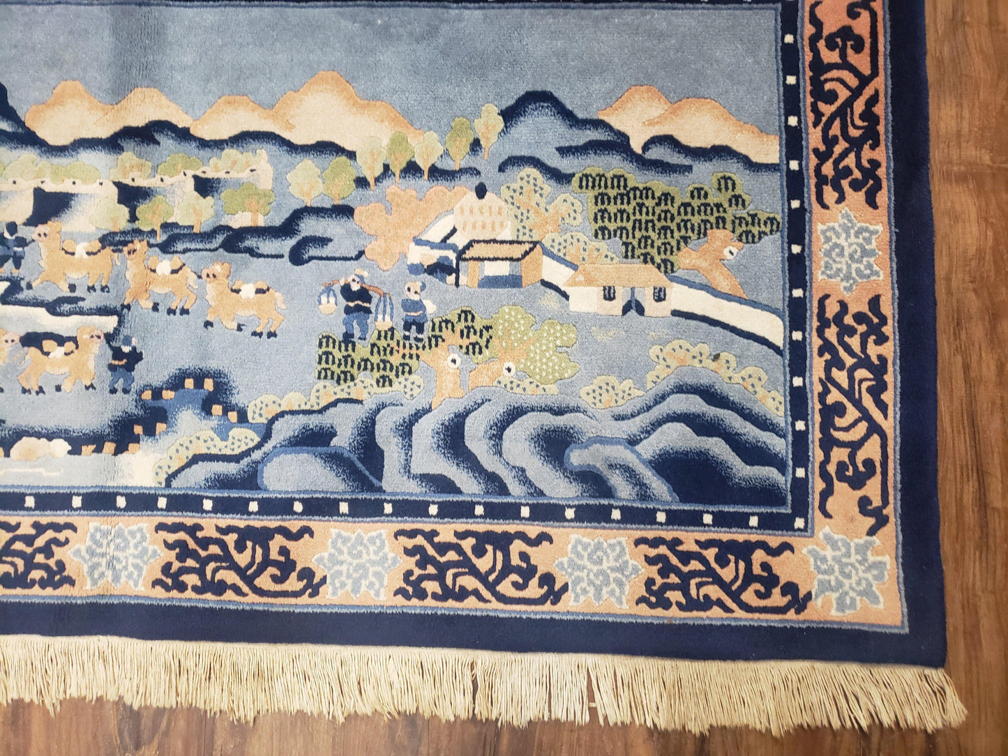 Chinese Pictorial Rug Hand Knotted Wool Vintage 28x55 Inches Teal And Blue Carpet Wall Tapestry