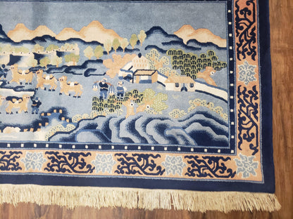 Chinese Pictorial Rug Hand Knotted Wool Vintage 28x55 Inches Teal And Blue Carpet Wall Tapestry
