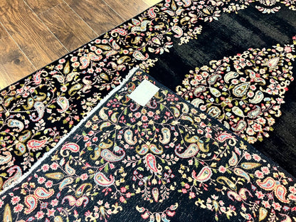 Antique Persian Kirman Rug 5x8, Floral Kirman, Midnight Blue/Black, Semi Open Field, Handmade Vintage Wool Carpet